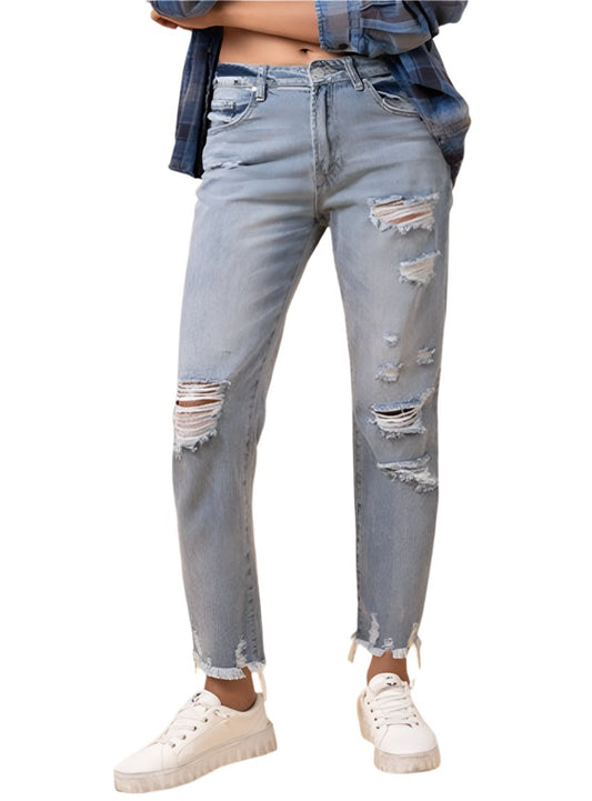 Denim Lab USA Fray Distressed Girlfriend Jeans - Whimsical Appalachian Boutique