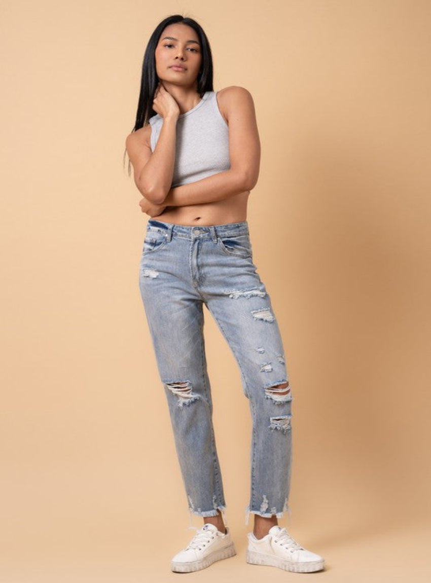 Denim Lab USA Fray Distressed Girlfriend Jeans