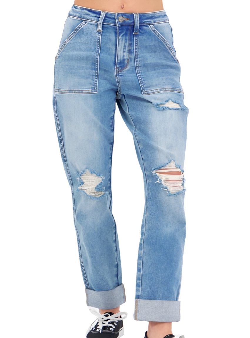 Judy Blue Distressed Straight Jeans with Patch Pockets - Whimsical Appalachian Boutique