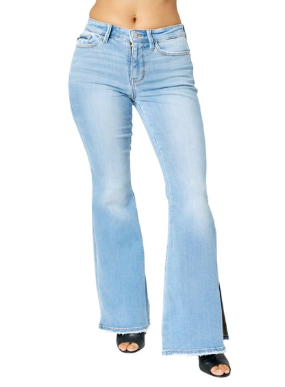 Judy Blue Mid Rise Raw Hem Slit Leg Flare Jeans - Whimsical Appalachian Boutique