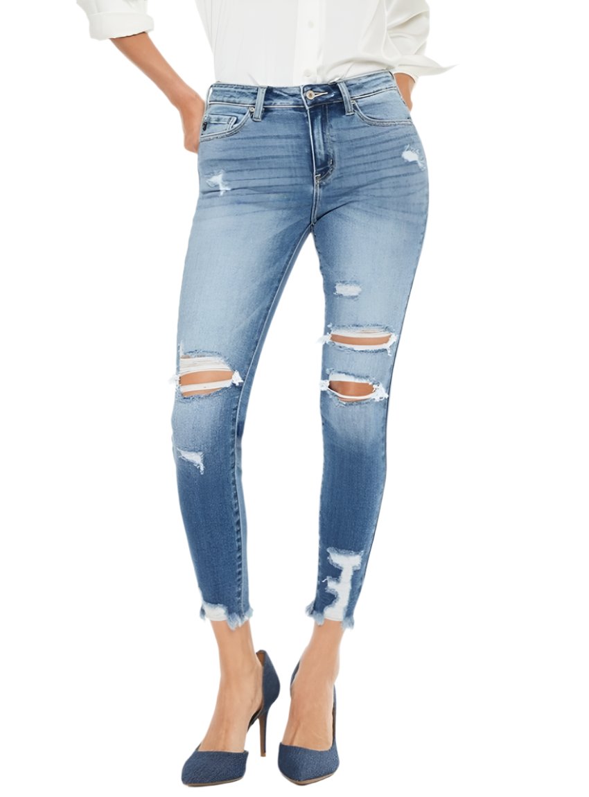 Kancan High Rise Medium Wash Frayed Ankle Skinny Jeans - Whimsical Appalachian Boutique