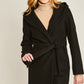 Front view of black JQ fleece belted hoodie coat with pockets
