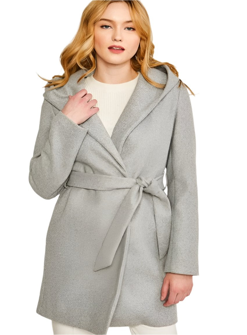 Front view of gray JQ fleece belted hoodie coat with pockets
