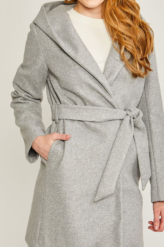 Pocket detail on gray fleece belted hoodie coat for women
