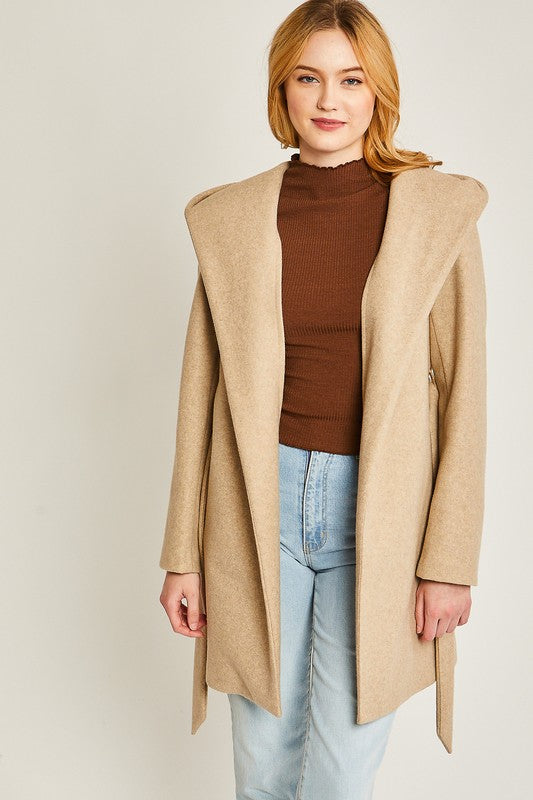 Pocket detail on oatmeal fleece belted hoodie coat for women
