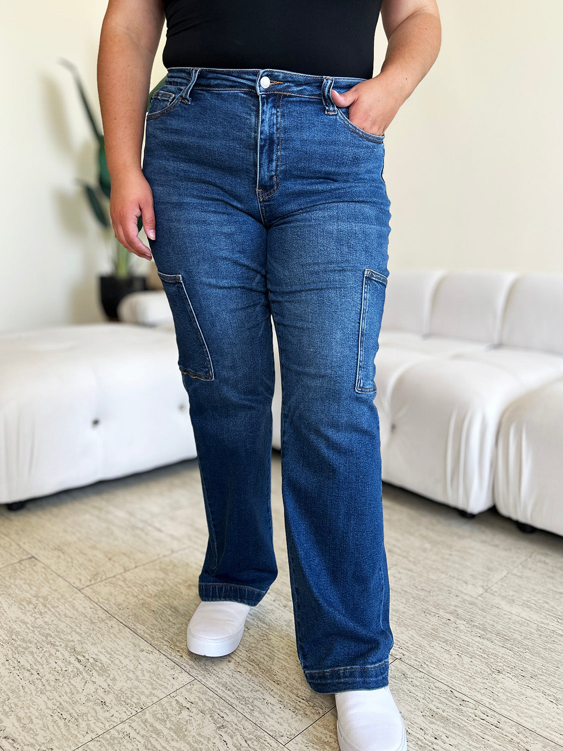 Stylish Judy Blue Cargo Pocket Jeans front view, perfect for casual outings.