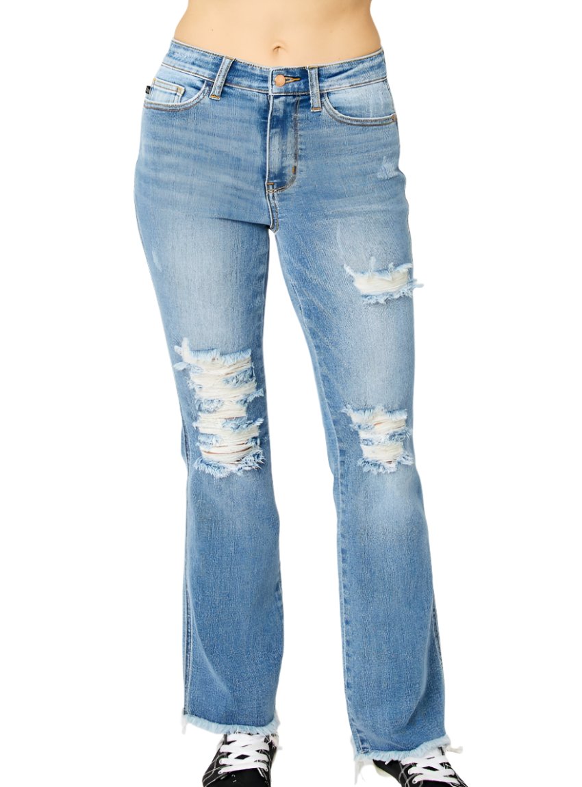 Women's raw hem bootcut jeans featuring a blend of classic and contemporary elements.