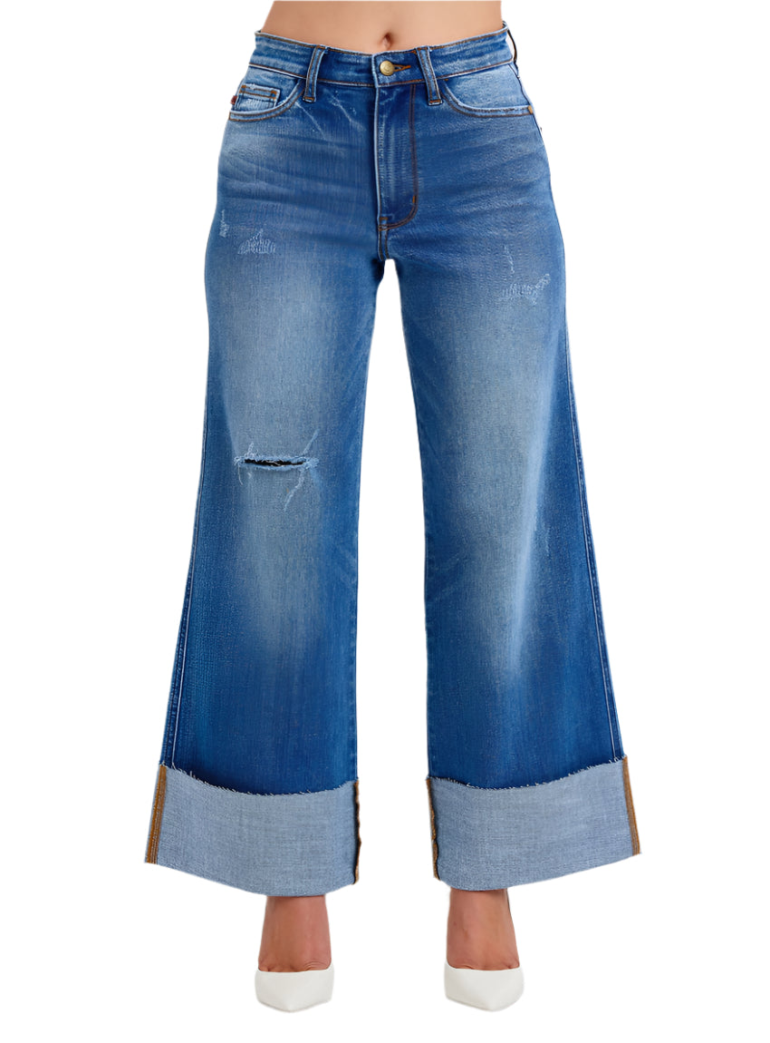 Judy Blue distressed high waist wide-leg jeans in medium wash
