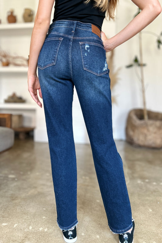 Judy Blue high waist straight-leg jeans with heavy distressing, dark wash.