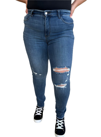 Front view of Judy Blue high waist distressed skinny jeans in medium wash.
