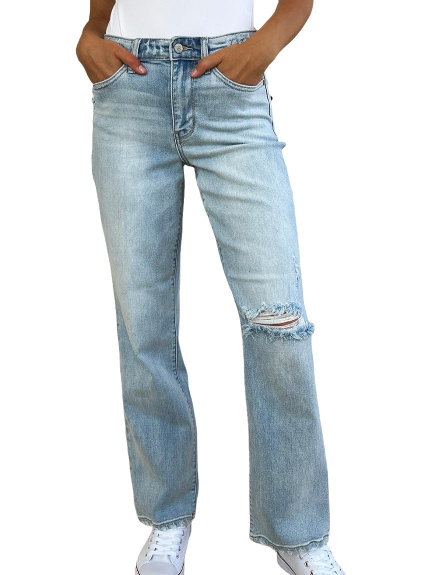 Front view of distressed Judy Blue straight jeans.