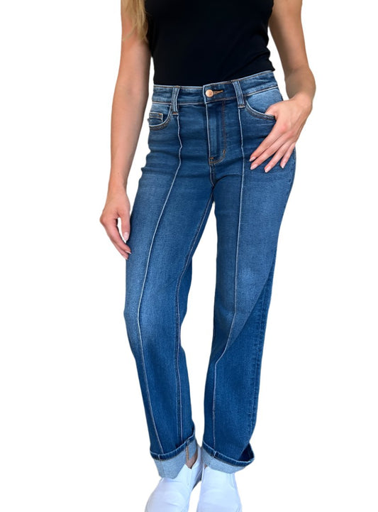 Judy Blue high waist front seam detail straight jeans, front view.