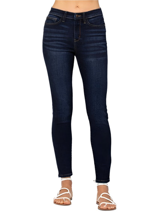 Front view of Judy Blue high waist handsand skinny jeans in dark wash.
