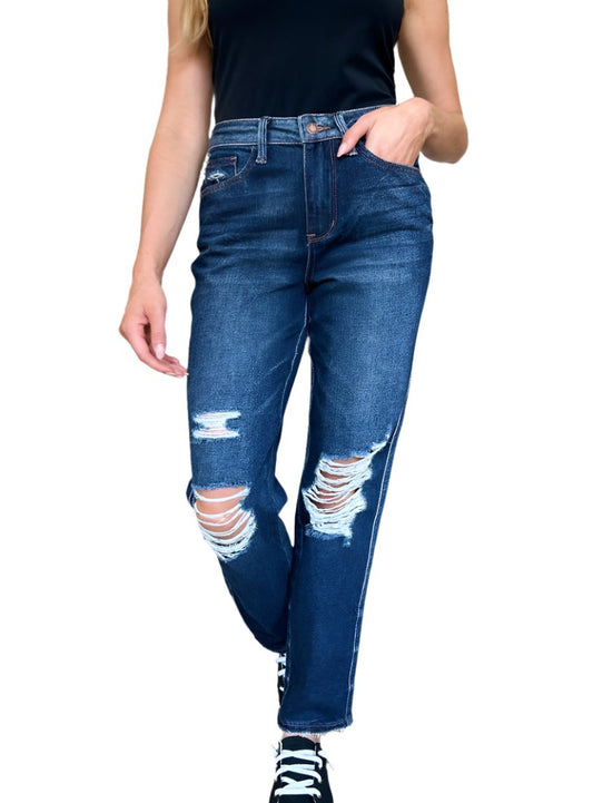 Judy Blue high waist heavy destroy straight jeans in dark wash, front view.