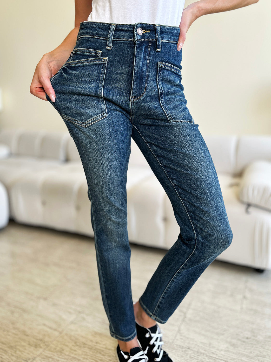 Close-up of Judy Blue High Waist Skinny Jeans showcasing dark wash and denim texture.