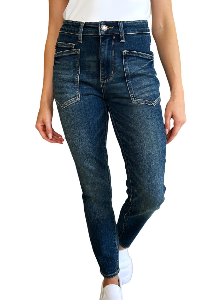 Judy Blue High Waist Skinny Jeans front view showing sleek design and high waist fit.