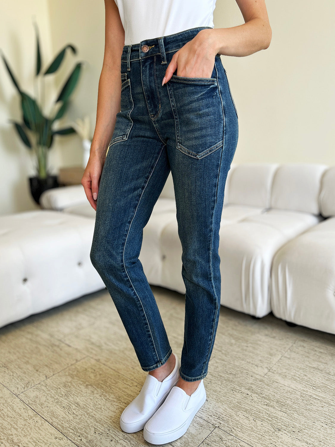 Side view of Judy Blue High Waist Skinny Jeans displaying fit and high waist design.