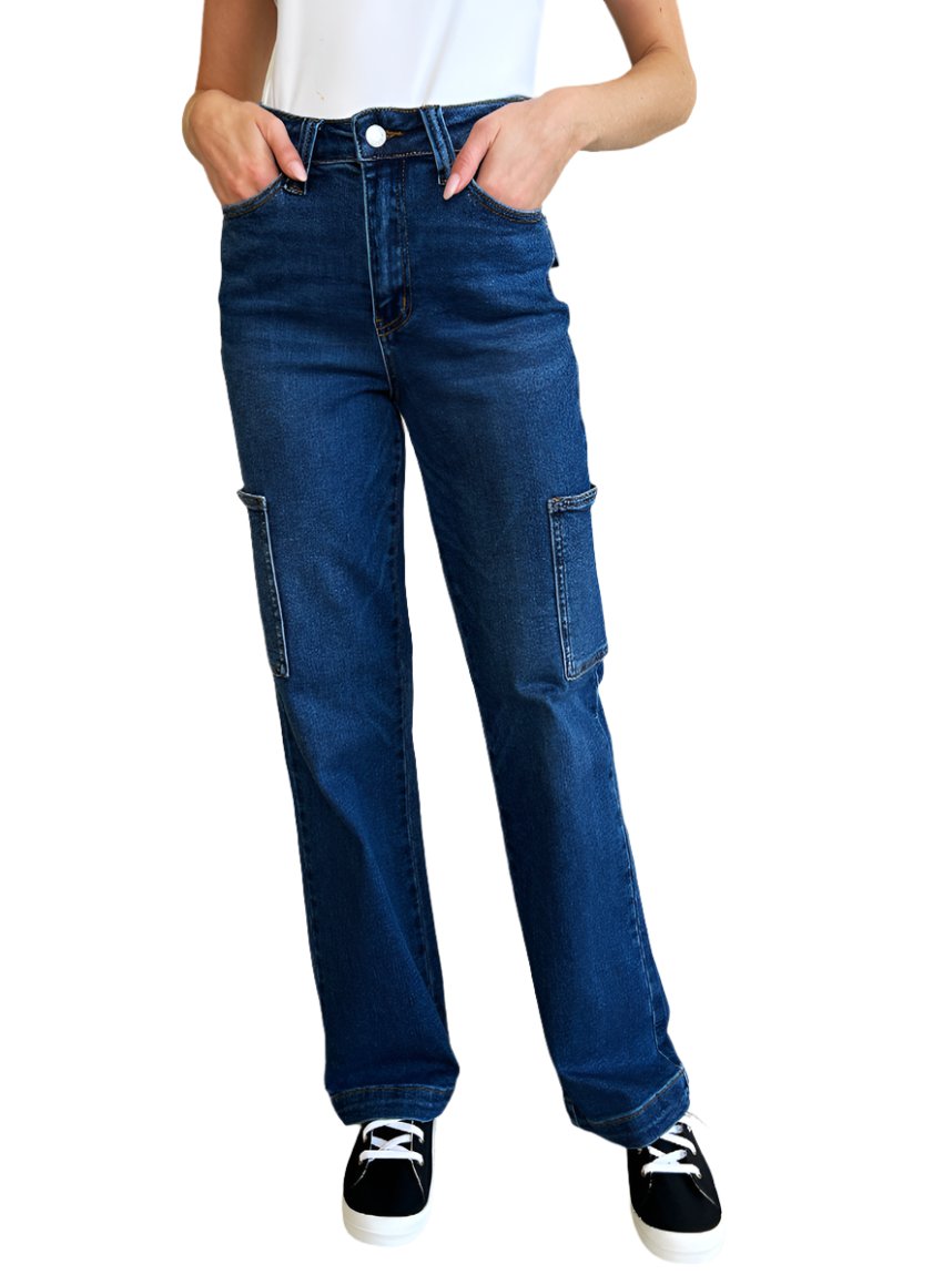 Front view of Judy Blue Cargo Pocket Jeans in medium wash.