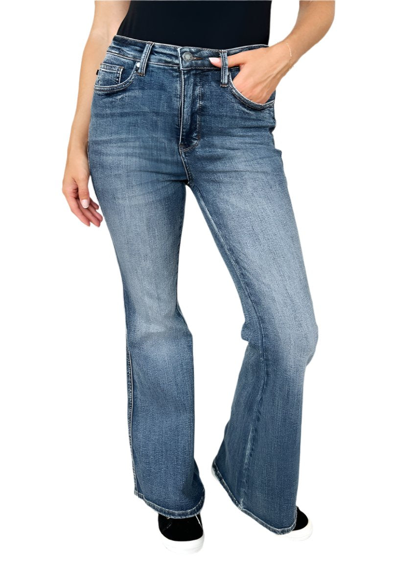 Front view of Judy Blue high waist tummy control flare jeans in medium wash.
