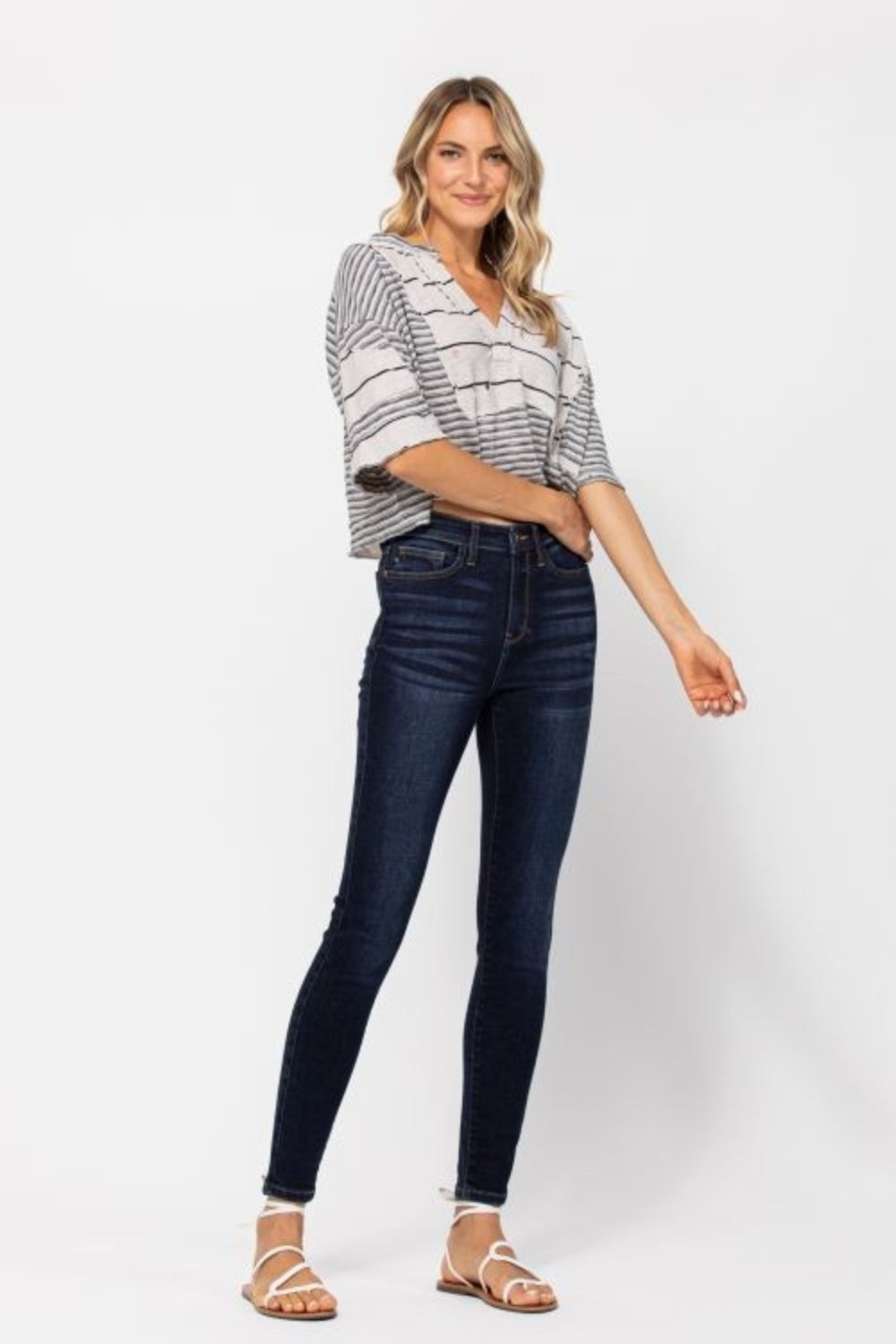 Judy Blue skinny jeans with high waist and dark wash for a modern look.
