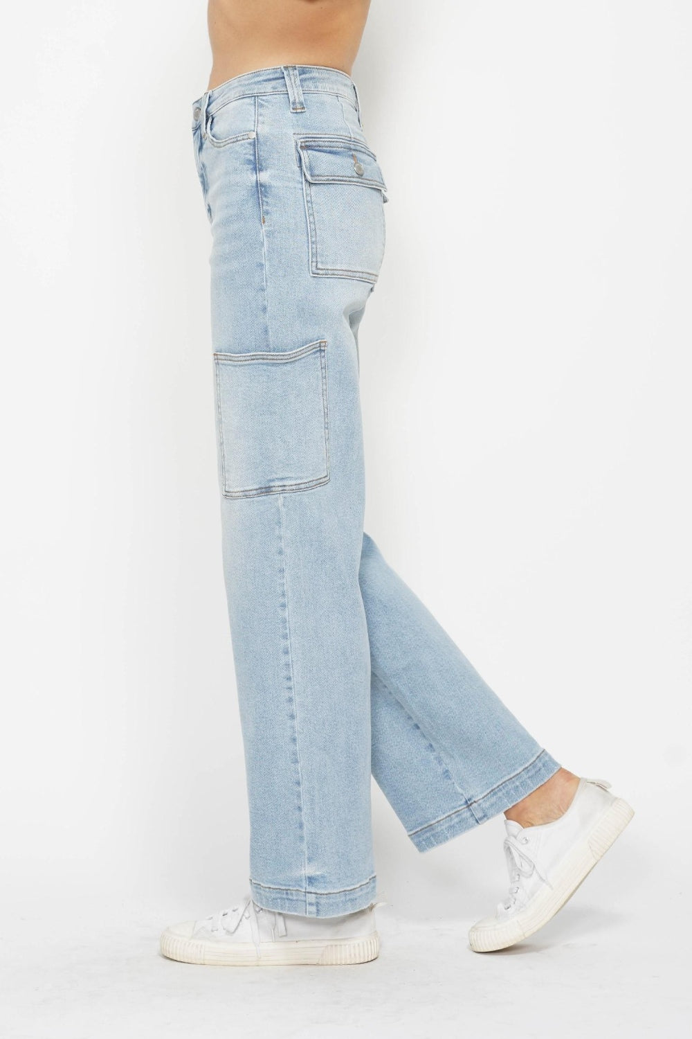 Judy Blue light wash jeans with high-waist, straight legs & cargo pockets
