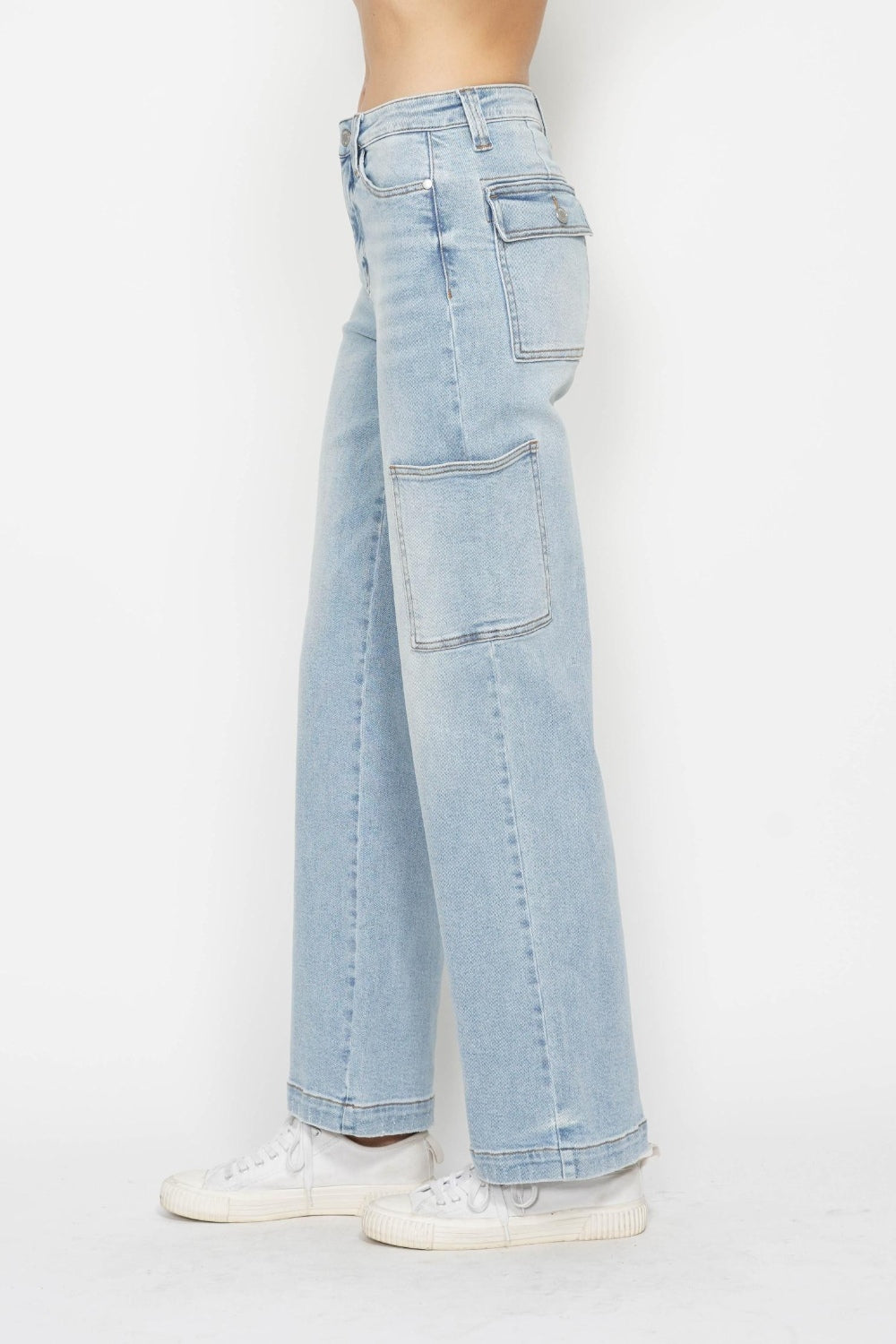 Judy Blue light wash jeans with high-waist, straight legs & cargo pockets
