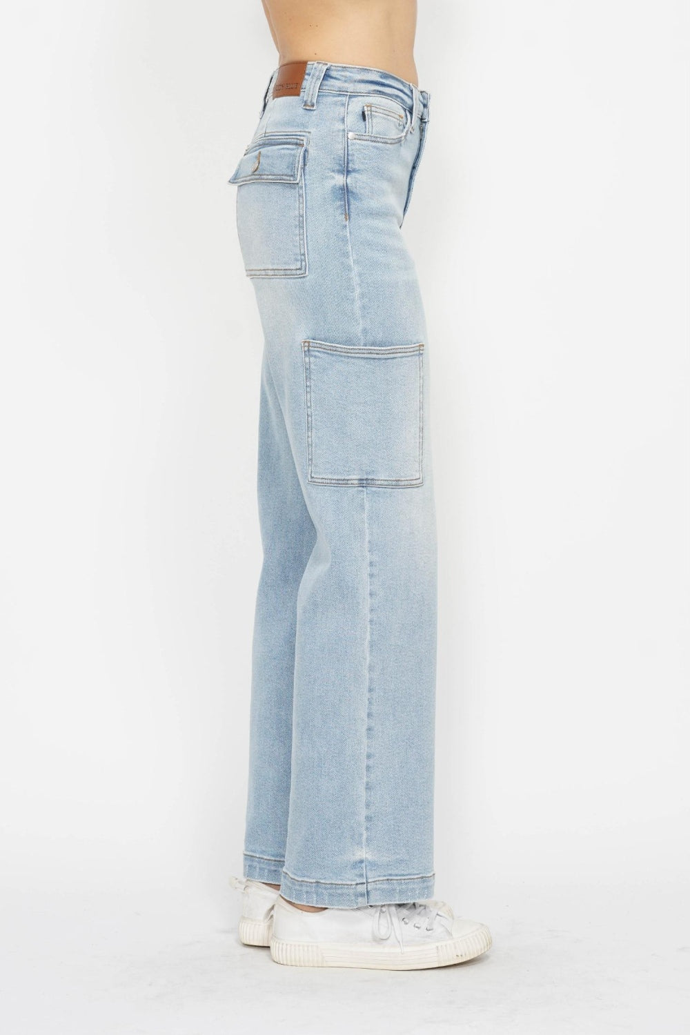 Judy Blue light wash jeans with high-waist, straight legs & cargo pockets
