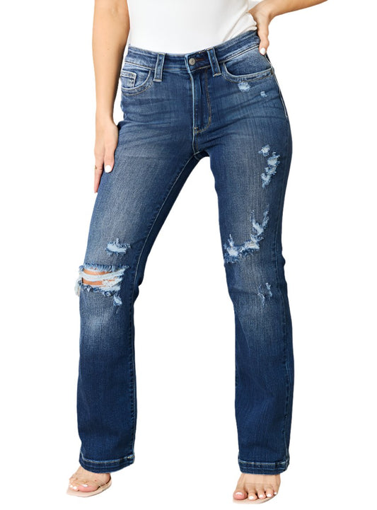 Mid Rise Hand Sand & Destroy Bootcut Jeans showcasing the front view with detailed hand-sanding and distressed accents.