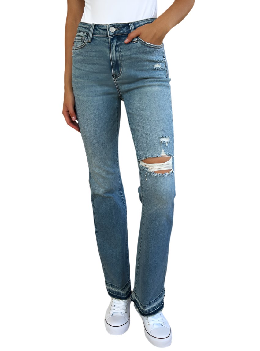 Front view of Judy Blue Mid Rise Destroyed Hem Distressed Jeans featuring distressed details and a destroyed hem.