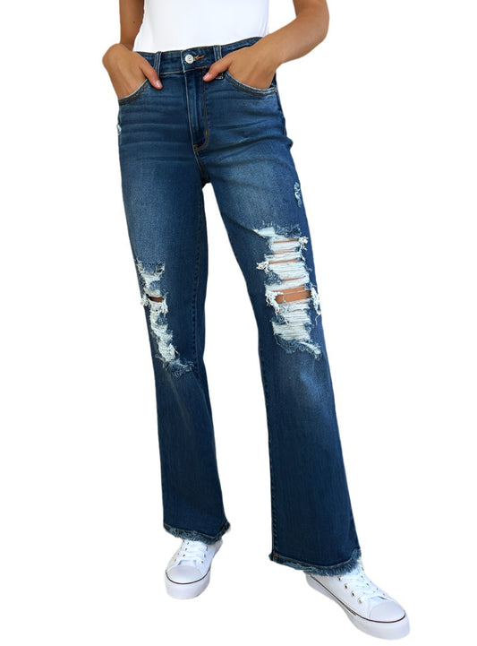 Front view of Judy Blue Mid Rise Distressed Raw Hem Jeans featuring distressed details and raw hem.