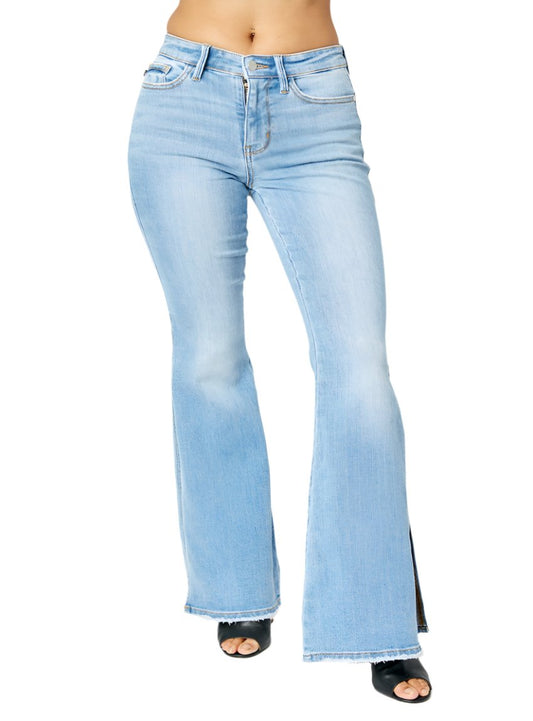 Judy Blue mid-rise flare jeans with raw hem and slit leg in light wash, front view.