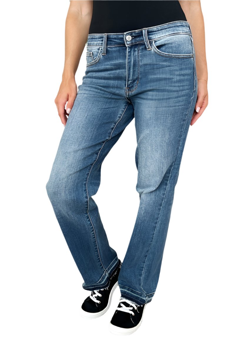 Front view of Judy Blue mid rise release hem jeans in medium wash.
