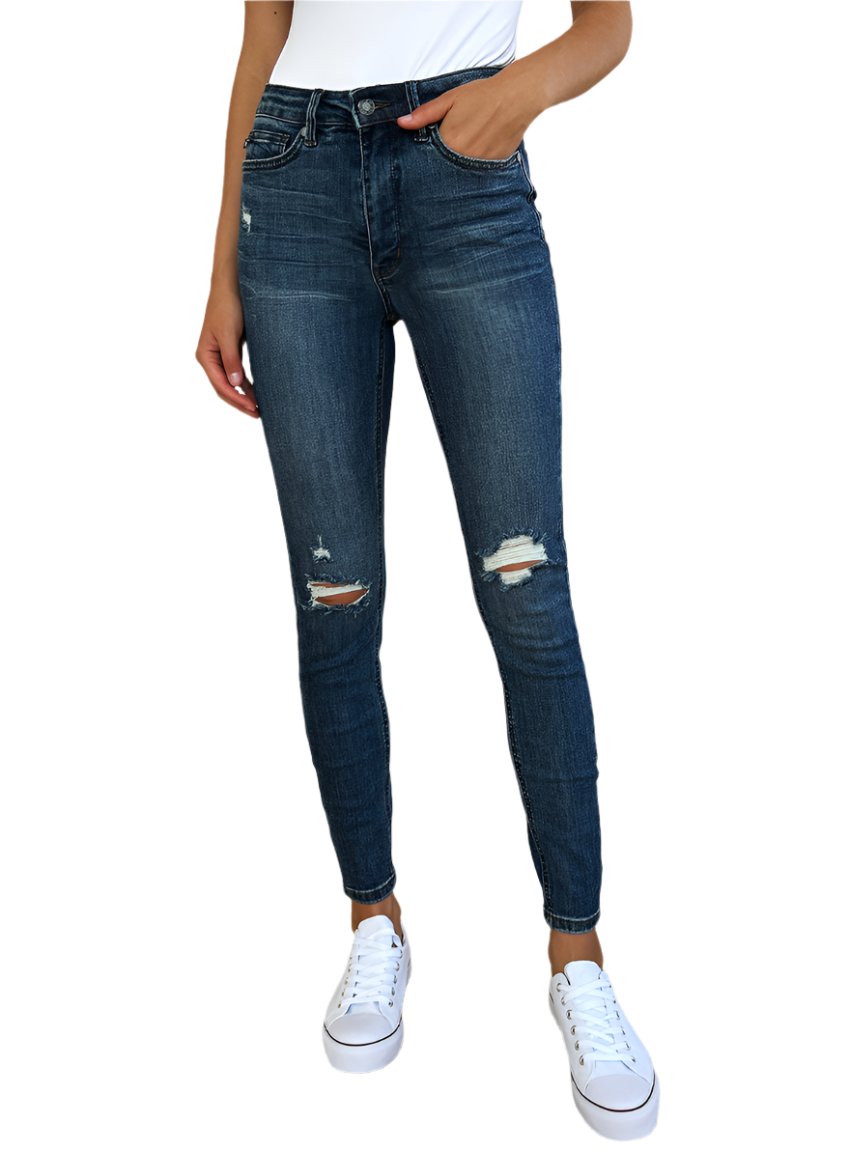 Judy Blue mid-waist distressed slim jeans front view.
