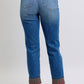 Rear view of Judy Blue straight leg jeans with plaid accents.
