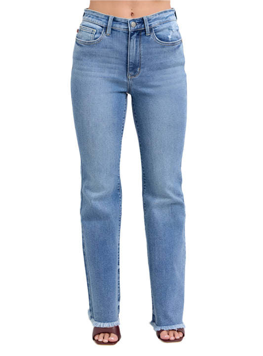 Front view of Judy Blue Raw Hem High Rise Bootcut Jeans showcasing flattering fit and modern details.
