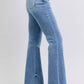 Side view of Judy Blue Raw Hem High Rise Bootcut Jeans highlighting the bootcut silhouette and raw hem detail.
