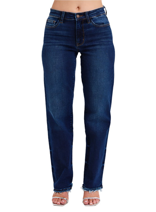 Front view of Judy Blue Raw Hem Straight Leg Jeans in dark wash.
