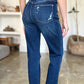 Dark wash Judy Blue straight jeans with heavy distressing and high waist.