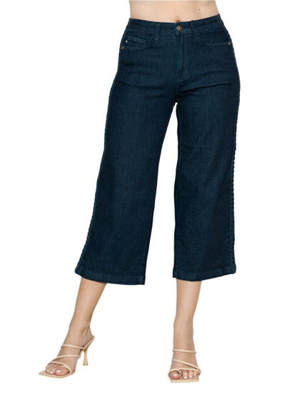 Judy Blue wide-leg crop jeans with braided side seam detail.
