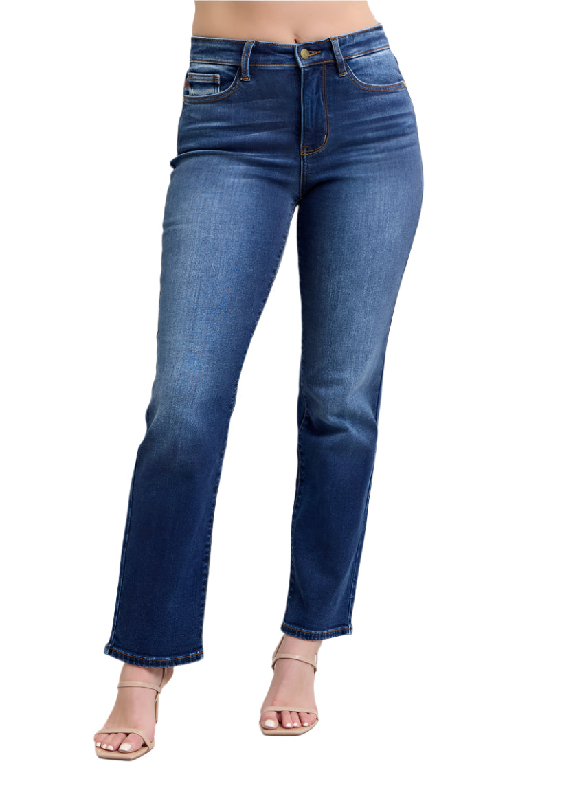 Closeup of the front view of Judy Blue straight-leg jeans in dark wash showing button and zipper details.
