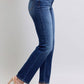 Side profile of Judy Blue straight-leg jeans in dark wash highlighting the classic straight-leg cut.
