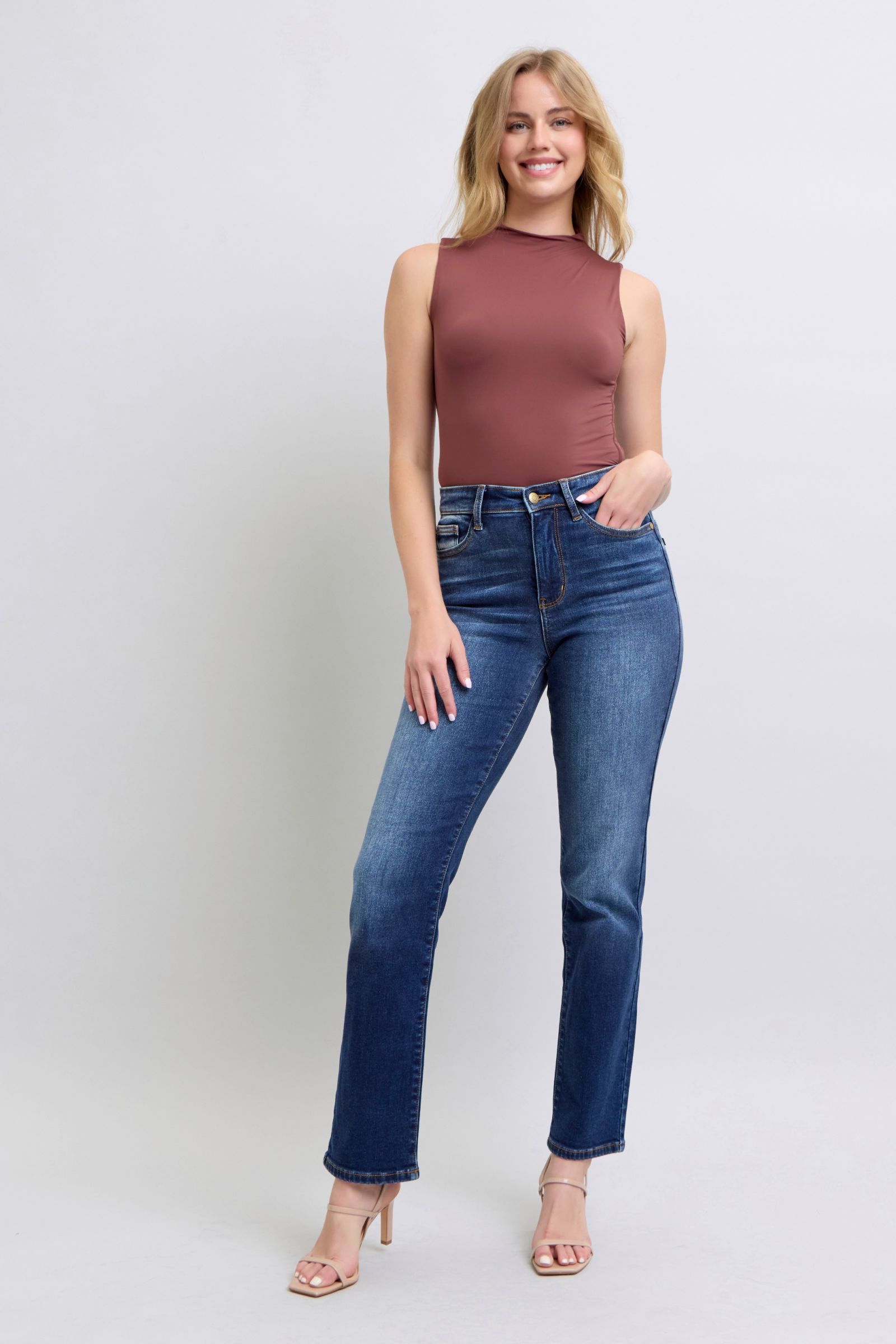 Styled outfit featuring Judy Blue washed straight-leg jeans
