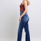 Waistband detail on dark wash Judy Blue straight-leg jeans with secure button closure.
