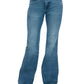 Back view of Judy Blue tummy control flare jeans with vintage wash and cut hem.
