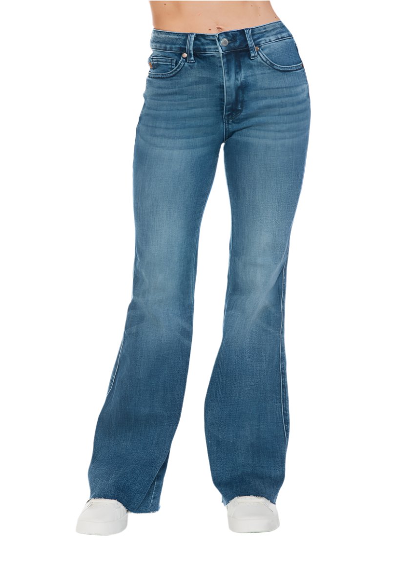 Back view of Judy Blue tummy control flare jeans with vintage wash and cut hem.
