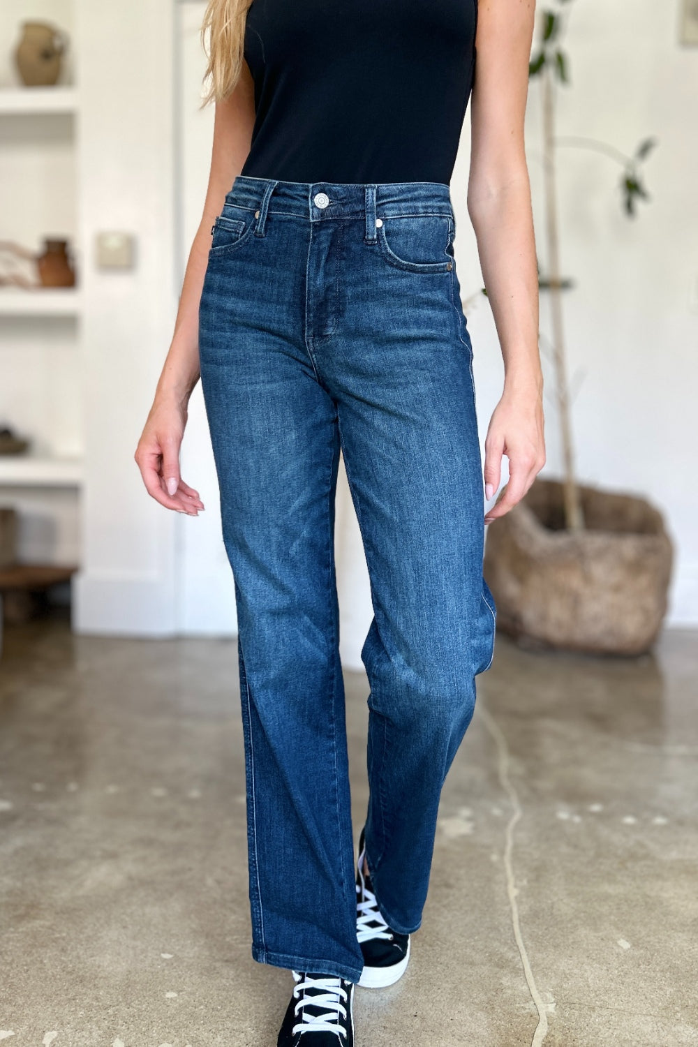 Full-length view of Judy Blue Tummy Control Straight Jeans emphasizing the slimming straight leg design.