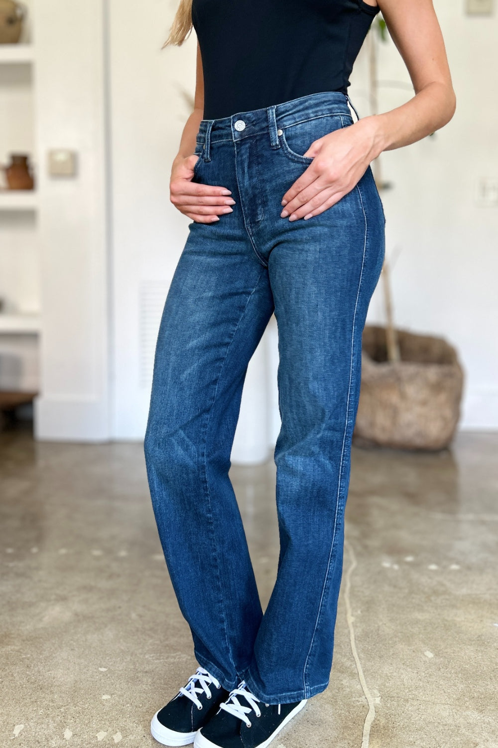 Full-length view of Judy Blue Tummy Control Straight Jeans emphasizing the slimming straight leg design.