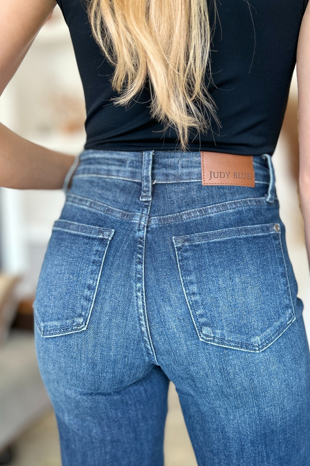 Close-up of the back pocket on the Judy Blue Tummy Control Straight Jeans.