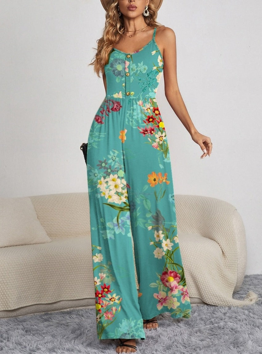 Spaghetti Strap Wide Leg Patterned Jumpsuit - Whimsical Appalachian Boutique