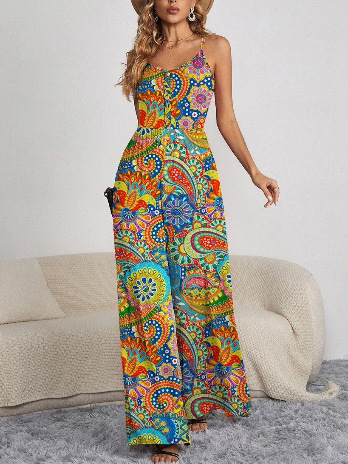 Spaghetti Strap Wide Leg Patterned Jumpsuit - Whimsical Appalachian Boutique